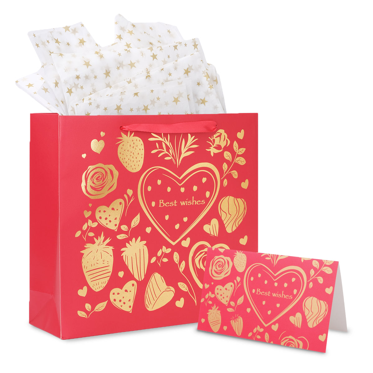 Amalee 13.5x13.5x4.5 Inch Red Gift Bag, Includes Wrapping Paper & Greeting Card, for Wedding, Birthday, Baby Shower, Christmas Gifts