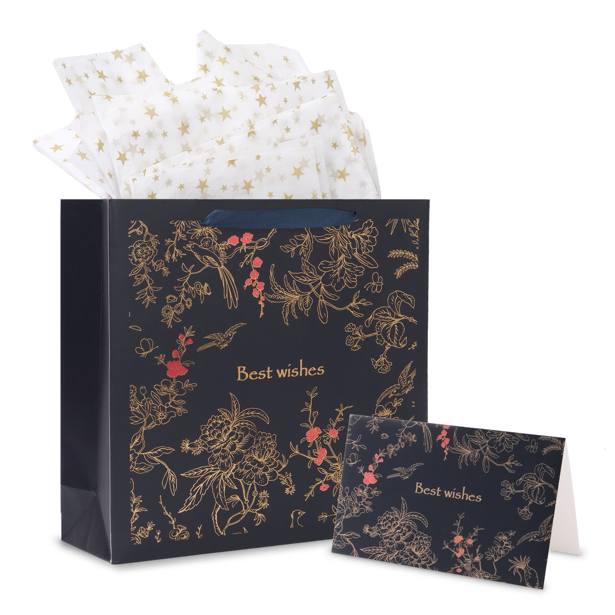 Amalee 13.5x13.5x4.5 Inch Blue Gift Bags with Handles, 2 Wrapping Paper Sheets & 1 Greeting Card, for Birthday, Baby Shower & Holiday Gifts