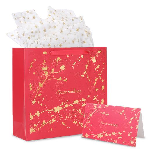 Amalee 13.5x13.5x4.5 Inch Red Gift Bag with Handles, Includes Wrapping Paper & Greeting Card, Ideal for Weddings, Christmas & Special Occasions