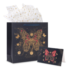 malee Large Blue Gift Bag with Handles (13.5x13.5x4.5 Inch), Set of Wrapping Paper & Greeting Card for Birthday, Wedding, Christmas & Baby Shower