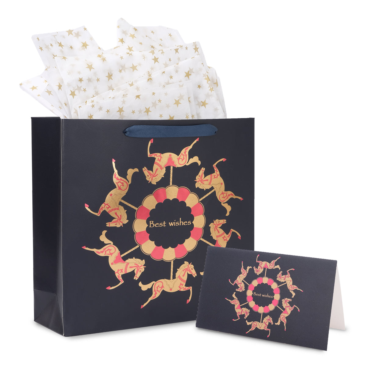 Amalee Blue Gift Bag Set 13.5x13.5x4.5 Inch, Includes 2 Wrapping Paper & Greeting Card, for Weddings, Christmas & Birthday Parties