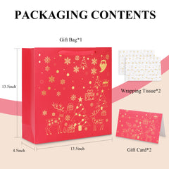 Amalee Large Red Gift Bag 13.5x13.5x4.5 Inch with Handles, Includes Wrapping Paper & Greeting Card for Birthday, Baby Shower, Wedding & Christmas