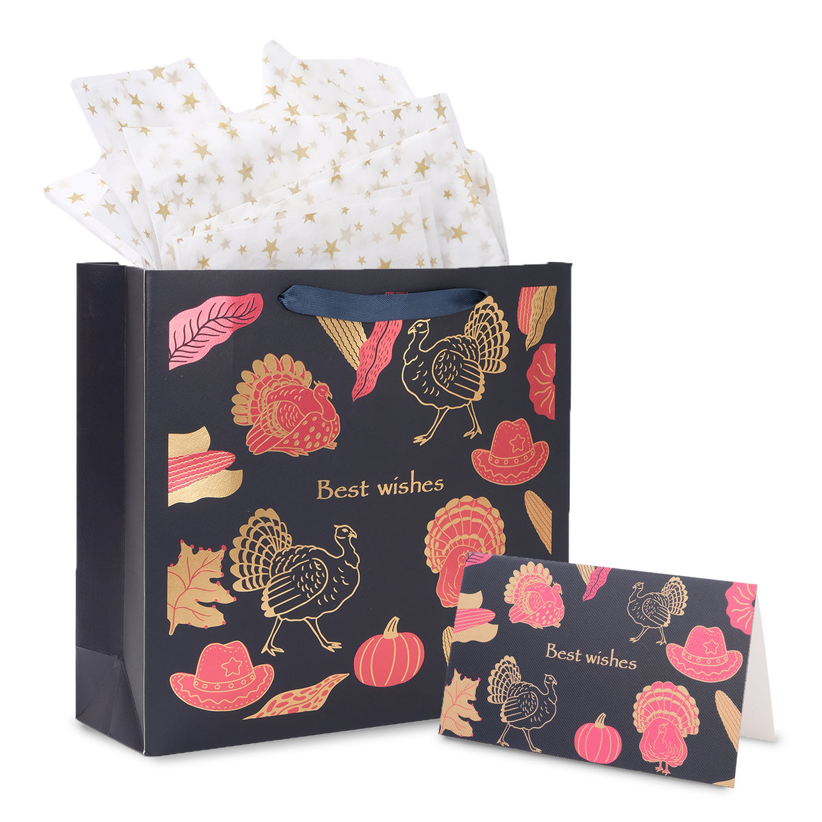 Amalee 13.5x13.5x4.5 Inch Blue Gift Bag, Flower Greeting Card, for Wedding, Birthday, Baby Shower, Christmas Gifts