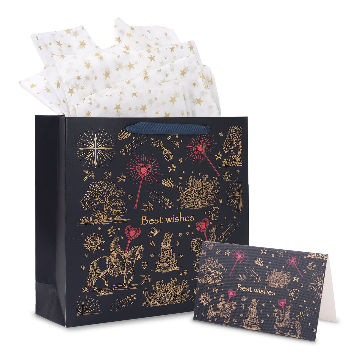 Amalee 13.5x13.5x4.5 Inch Blue Gift Bag with Handles, Includes 2 Wrapping Paper Sheets & 1 Greeting Card, Ideal for Birthday, Wedding, Christmas Gifts