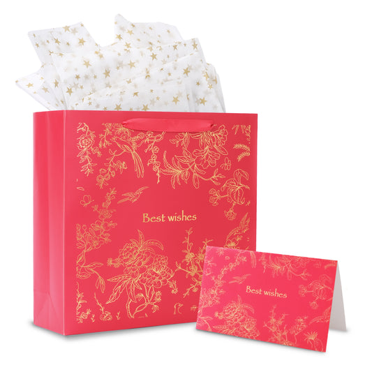 Amalee 13.5x13.5x4.5 Inch Red Gift Bags with Handles, 2 Wrapping Paper Sheets & 1 Greeting Card, for Birthday, Baby Shower & Holiday Gifts