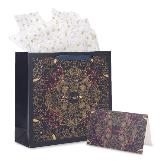 Amalee Extra-Large Blue Gift Bag 13.5x13.5x4.5 Inches, Includes 2 Sheets of Wrapping Paper & 1 Greeting Card, for Birthday, Wedding & Holiday Gifts