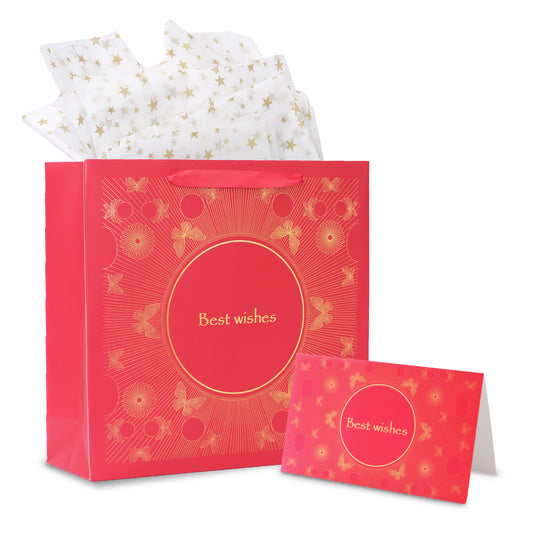 Amalee 13.5x13.5x4.5 Inch Red Gift Bag with Handles, Includes 2 Wrapping Paper Sheets & 1 Greeting Card, Ideal for Birthday, Wedding, Christmas Gifts