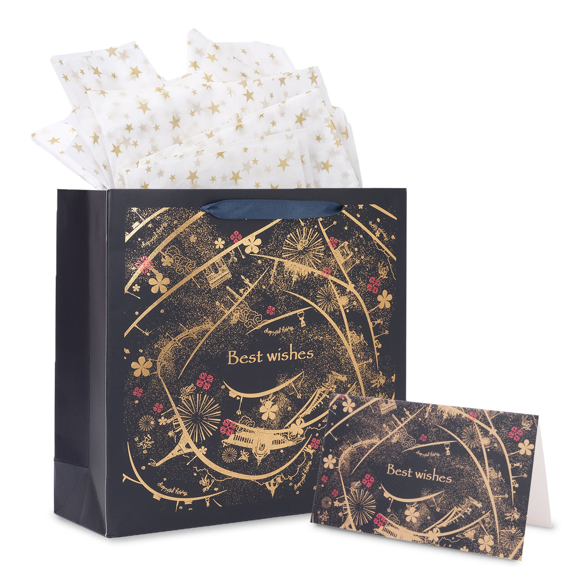 Amalee Large 13.5x13.5x4.5 Inch Blue Gift Bag with Handles, Includes 2 Wrapping Paper & Greeting Card for Valentine's Day, Birthday & Weddings