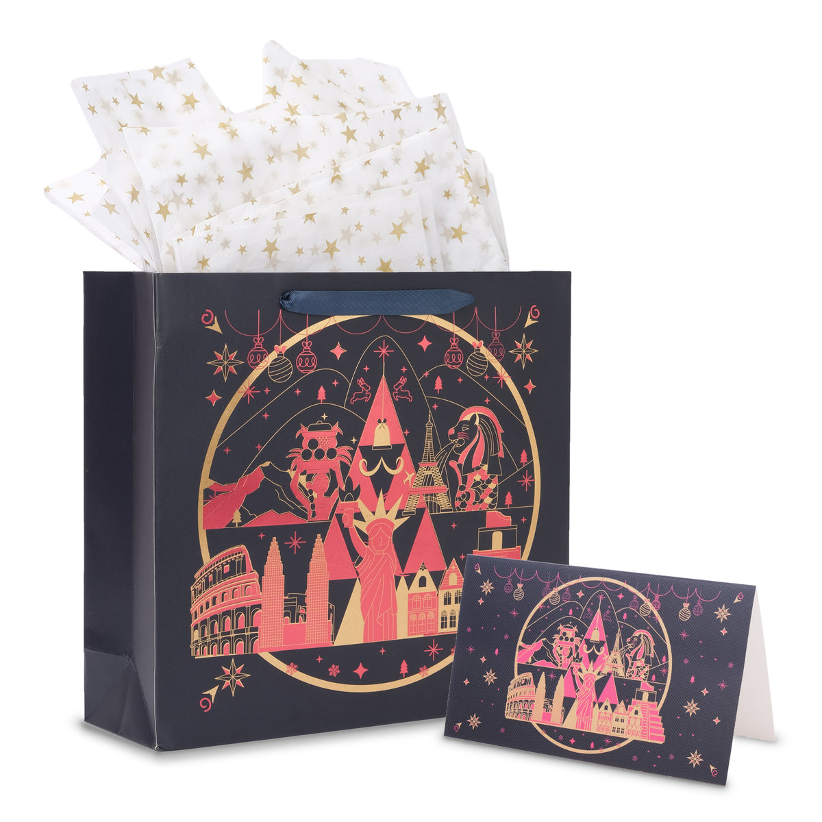 Amalee 13.5x13.5x4.5 Inch Large Blue Gift Bags with Handles, Includes Wrapping Paper & Greeting Card, Ideal for Wedding, Birthday & Christmas Giving