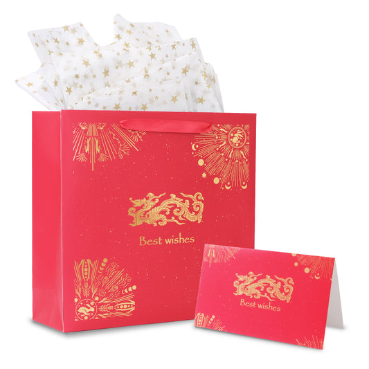 Amalee Large Red Gift Bag 13.5x13.5x4.5 Inch with Handles, Includes Wrapping Paper & Greeting Card for Birthday, Baby Shower, Wedding & Christmas