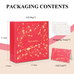 Amalee 13.5x13.5x4.5 Inch Red Gift Bag with Handles, Includes Wrapping Paper & Greeting Card, Ideal for Weddings, Christmas & Special Occasions
