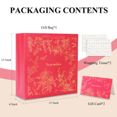 Amalee 13.5x13.5x4.5 Inch Red Gift Bags with Handles, 2 Wrapping Paper Sheets & 1 Greeting Card, for Birthday, Baby Shower & Holiday Gifts