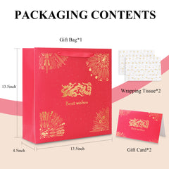 Amalee Large Red Gift Bag 13.5x13.5x4.5 Inch with Handles, Includes Wrapping Paper & Greeting Card for Birthday, Baby Shower, Wedding & Christmas