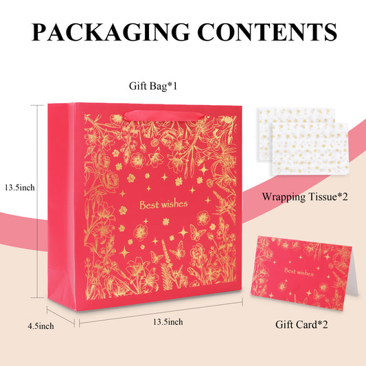 Amalee Red Gift Bag 13.5x13.5x4.5 Inch with Handles, Includes Wrapping Paper & Greeting Card, Ideal for Birthday, Valentine's Day & Wedding Gifts