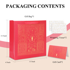 Amalee Large Red Gift Bag with Handles (13.5x13.5x4.5 Inch), Set of Wrapping Paper & Greeting Card for Birthday, Wedding, Christmas & Baby Shower