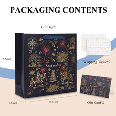 Amalee 13.5x13.5x4.5 Inch Blue Gift Bag with Handles, Includes 2 Wrapping Paper Sheets & 1 Greeting Card, Ideal for Birthday, Wedding, Christmas Gifts