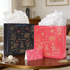 Amalee Large 13.5x13.5x4.5 Inch Red Gift Bags with Handles, Set of 2 Wrapping Paper & 1 Greeting Card, for Valentine's Day, Baby Shower & Birthday