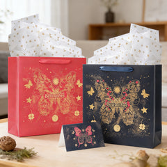 malee Large Blue Gift Bag with Handles (13.5x13.5x4.5 Inch), Set of Wrapping Paper & Greeting Card for Birthday, Wedding, Christmas & Baby Shower