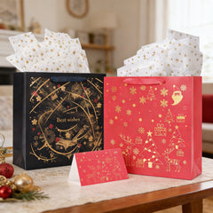 Amalee Large Red Gift Bag 13.5x13.5x4.5 Inch with Handles, Includes Wrapping Paper & Greeting Card for Birthday, Baby Shower, Wedding & Christmas