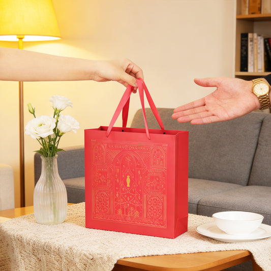 Amalee Large Red Gift Bag with Handles (13.5x13.5x4.5 Inch), Set of Wrapping Paper & Greeting Card for Birthday, Wedding, Christmas & Baby Shower