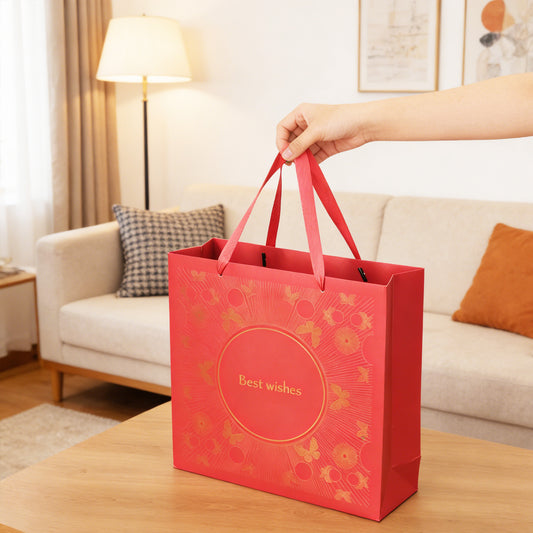 Amalee 13.5x13.5x4.5 Inch Red Gift Bag with Handles, Includes 2 Wrapping Paper Sheets & 1 Greeting Card, Ideal for Birthday, Wedding, Christmas Gifts