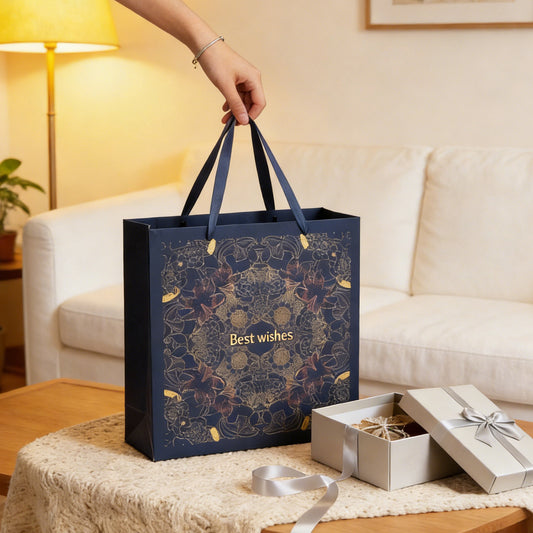 Amalee Extra-Large Blue Gift Bag 13.5x13.5x4.5 Inches, Includes 2 Sheets of Wrapping Paper & 1 Greeting Card, for Birthday, Wedding & Holiday Gifts