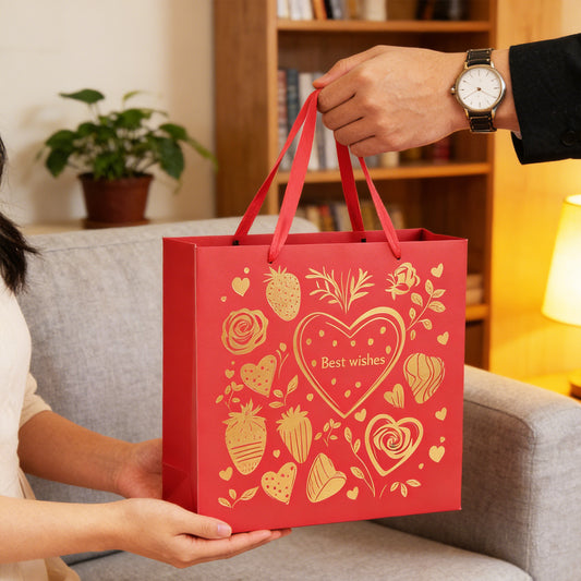 Amalee 13.5x13.5x4.5 Inch Red Gift Bag, Includes Wrapping Paper & Greeting Card, for Wedding, Birthday, Baby Shower, Christmas Gifts